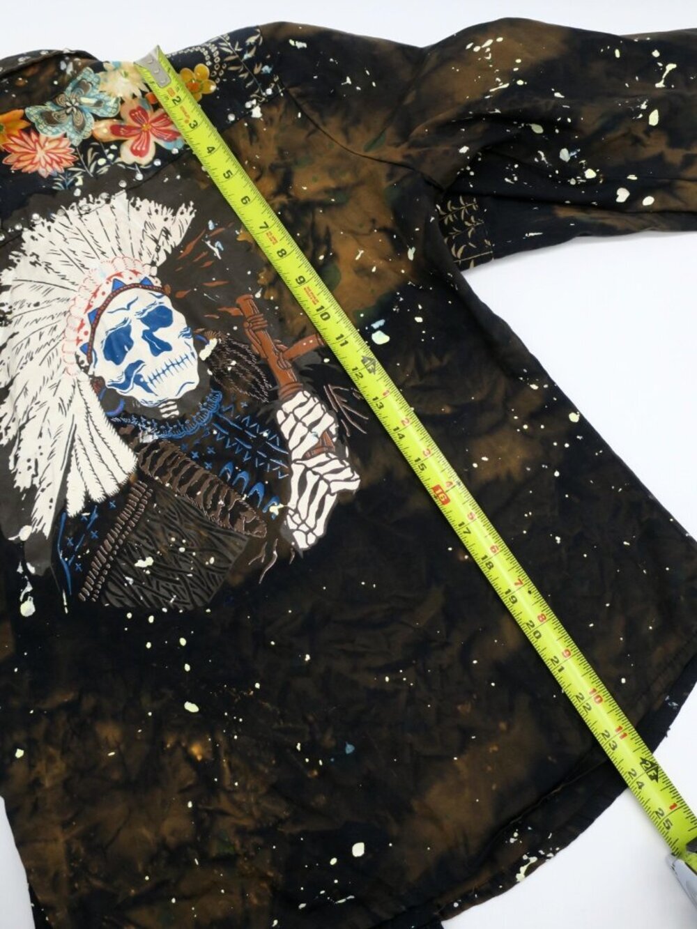 Vintage GRAIL Pearl Snap Shirt Distressed Paint Splat Indian Chief Skull SM/MED - Picture 7 of 7